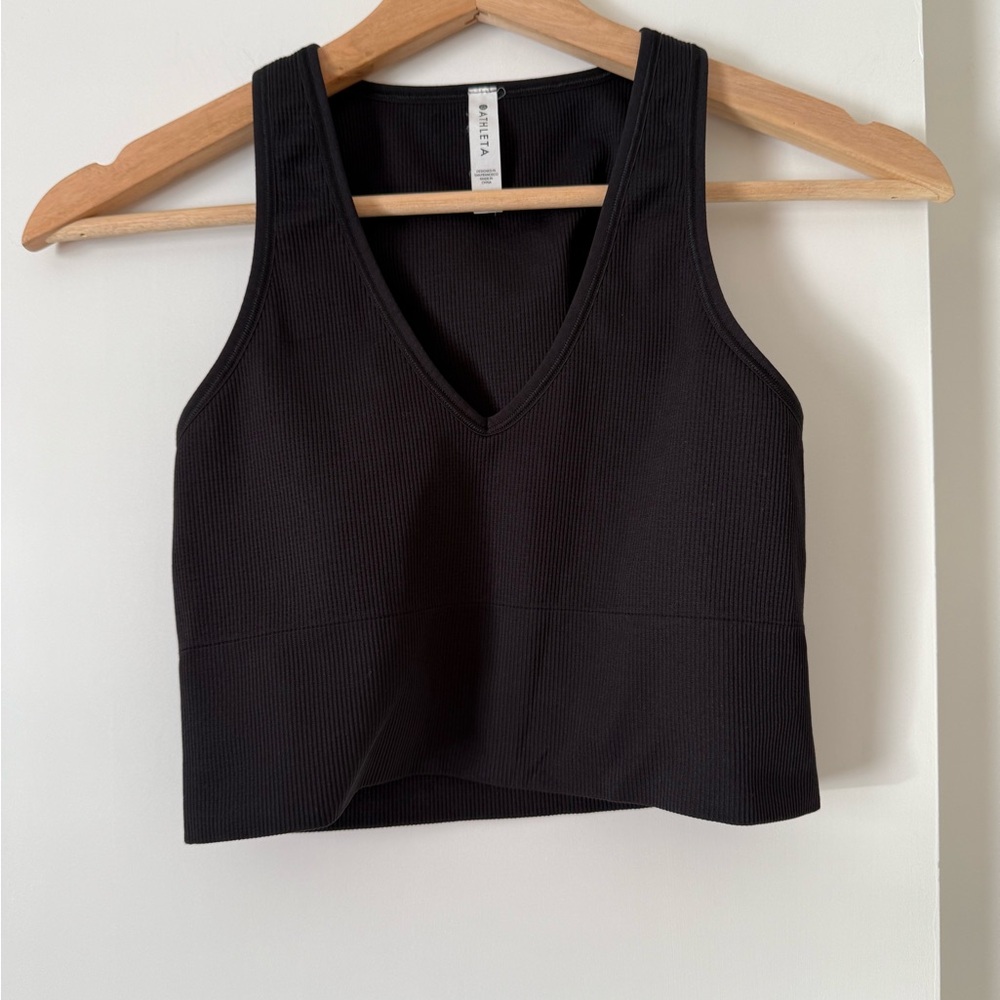 Athleta Black Ribbed V-Neck Top